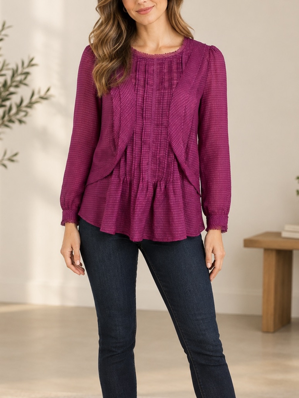 HD in Paris Anthropologie Purple Check Pintuck Layered Draped Boho Blouse Top 2